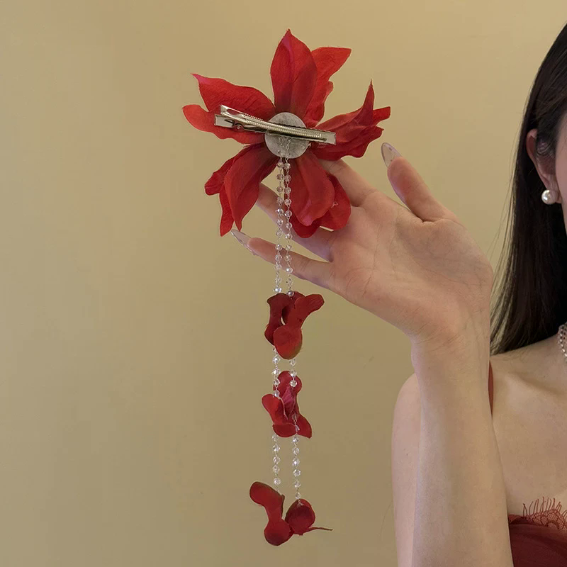 Women Accessories Sale - ホットセール 花飾りダックビルクリップ 模造花ヘアピン ガラスビーズロングタッセルヘアピン 女の子女性ヘアアクセサリー