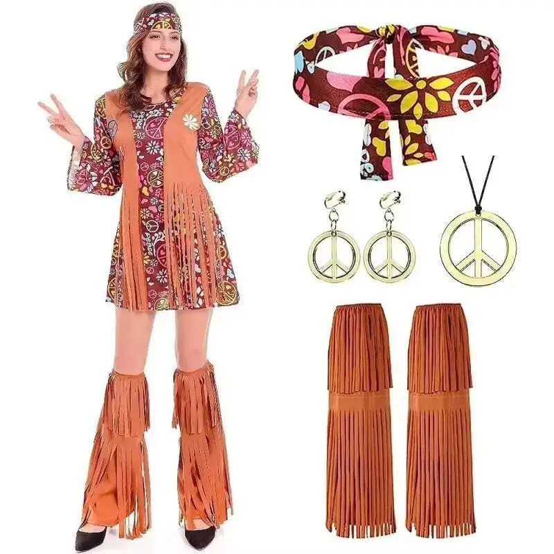 Women'S Accessories In The 60S - 女性 60 年代 70 年代ヴィンテージヒッピーディスコ衣装一式セット、お揃いのアクセサリー付きハロウィンカーニバルコスプレドレス