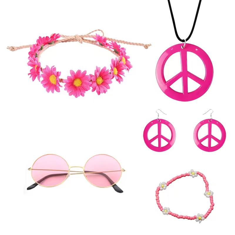 Women'S Accessories In The 60S - PESENAR ヒッピーコスチュームアクセサリーセット、ボヘミアンピースサインデイジーフラワー60年代70年代パーティー記念品装飾、グルービーパーティー女性用