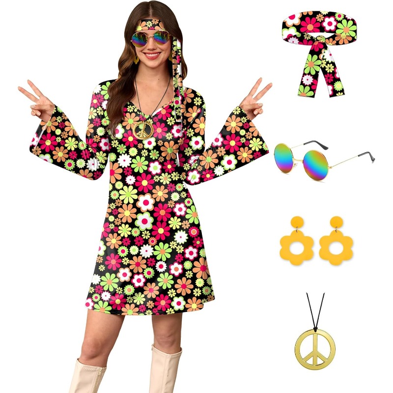 Women'S Accessories In The 60S - 女性用 5点セット ハロウィン 70年代 ヒッピードレス 花柄コスチューム衣装