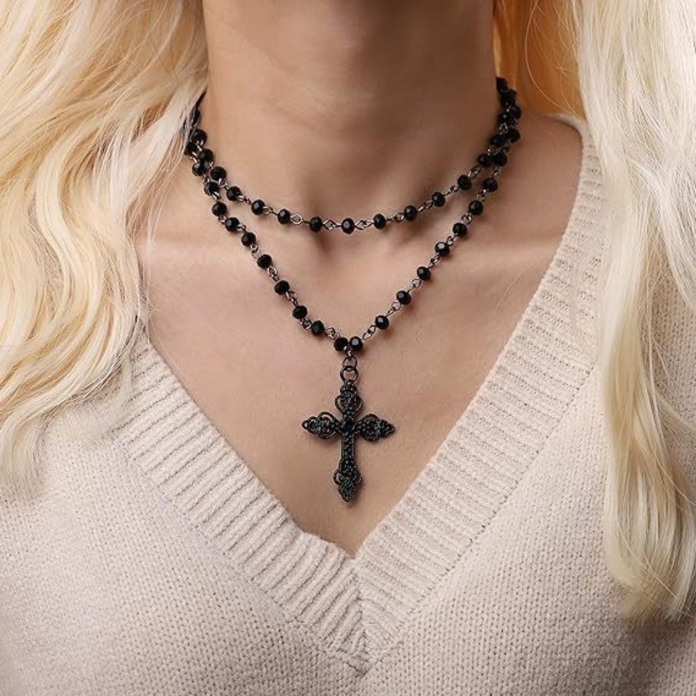 Women'S Vampire Accessories - チャームゴシックブラック中空クロスペンダント二層ブラックビーズネックレス女性用ハロウィンパーティーヴァンパイアジュエリーギフト