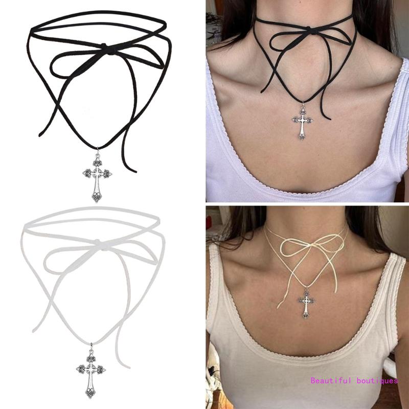 Women Accessories Description - クロスネクタイネックレス合金素材クロスストラップチョーカー女性布アクセサリードロップシップ
