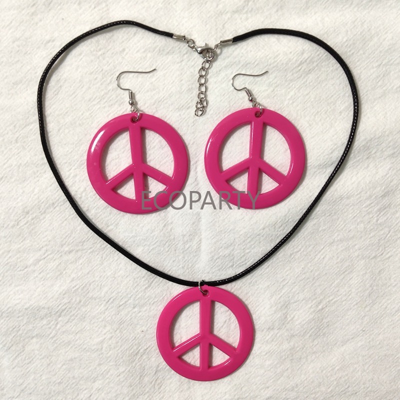 Women'S Accessories In The 60S - ヒッピーコスチュームセット,ピースサイン付きペンダント,ネックレスとイヤリング,ファッションアクセサリー,友人,姉妹,60年代,70年代へのギフト