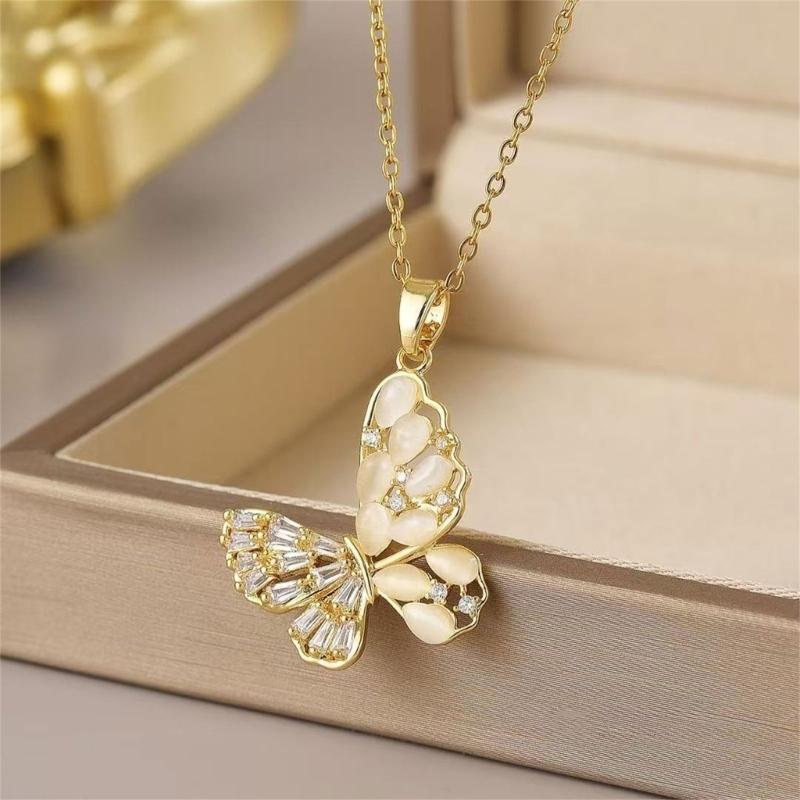 繊細なバタフライキュービックジルコニアネックレスステンレスス - Women Accessories Description のレビューと価格