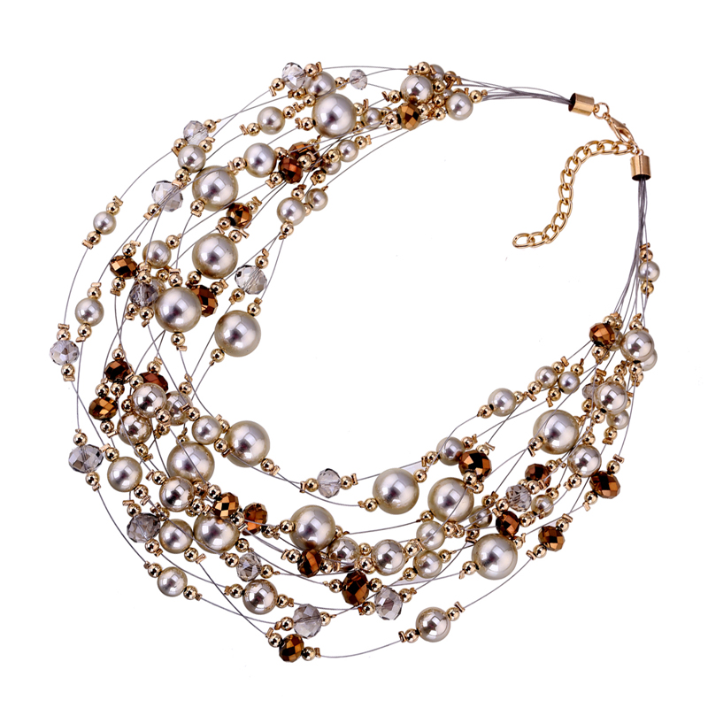 多層ストリングビーズクリスタルネックレス女性のためのゴールド - Women Accessories Description のレビューと価格
