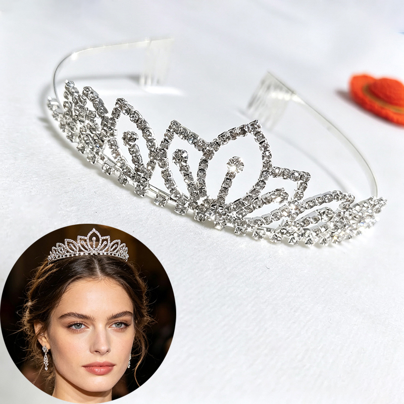 シルバーカラーの輝くラインストーンクラウンブライダルティアラ - Women Accessories For Wedding のレビューと価格
