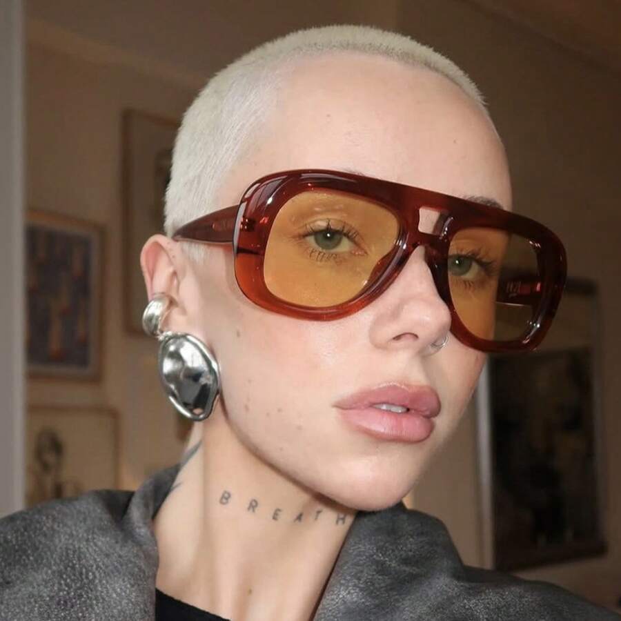 ダブルブリッジオーバーサイズスクエアメガネ女性用、光沢のある - Sunglasses Oversized Square のレビューと価格